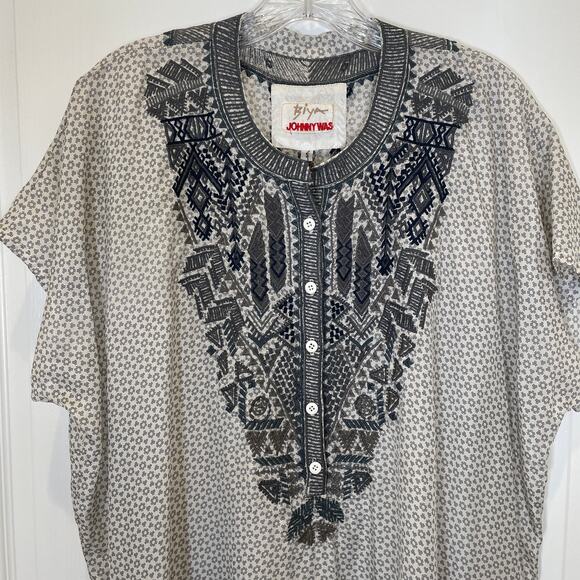 Johnny Was Biya Kaftan Style Dress Gray White Print Silk Embroidered Oversize S - Picture 3 of 9